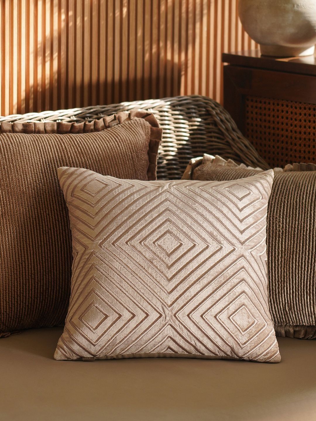 Pure Home and Living Beige Embroidered Square Cushion Covers