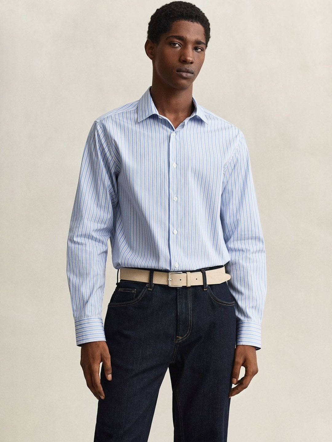 GANT Men Blue Striped Regular Fit Poplin Shirt-image-35