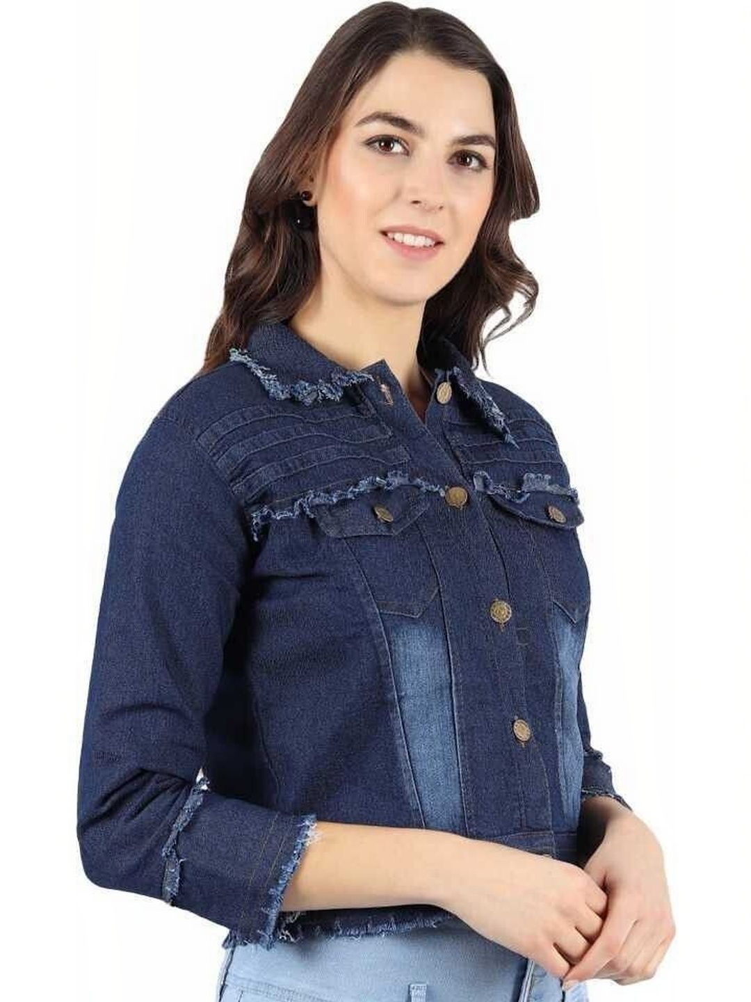 KASHIANXSTYLE Women Colourblocked Crop Denim Jacket-picture-28