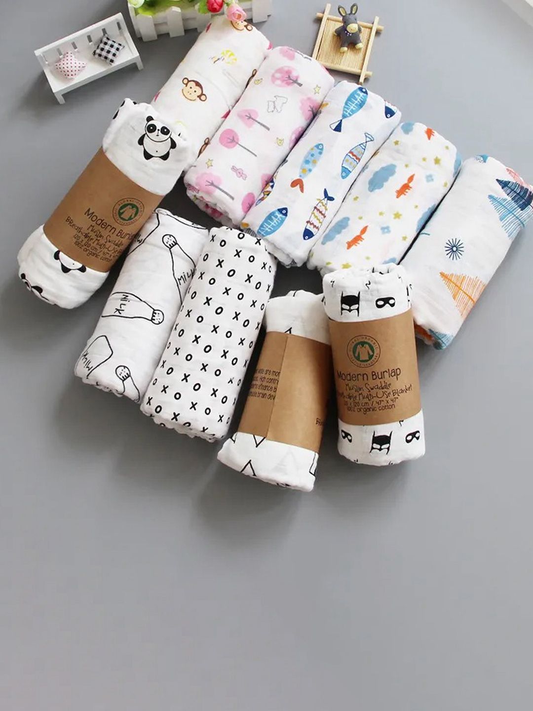 ORTIS GLOBAL TRADE Set Of 10 Printed Cotton Muslin Swaddle Wrappers-picture-29
