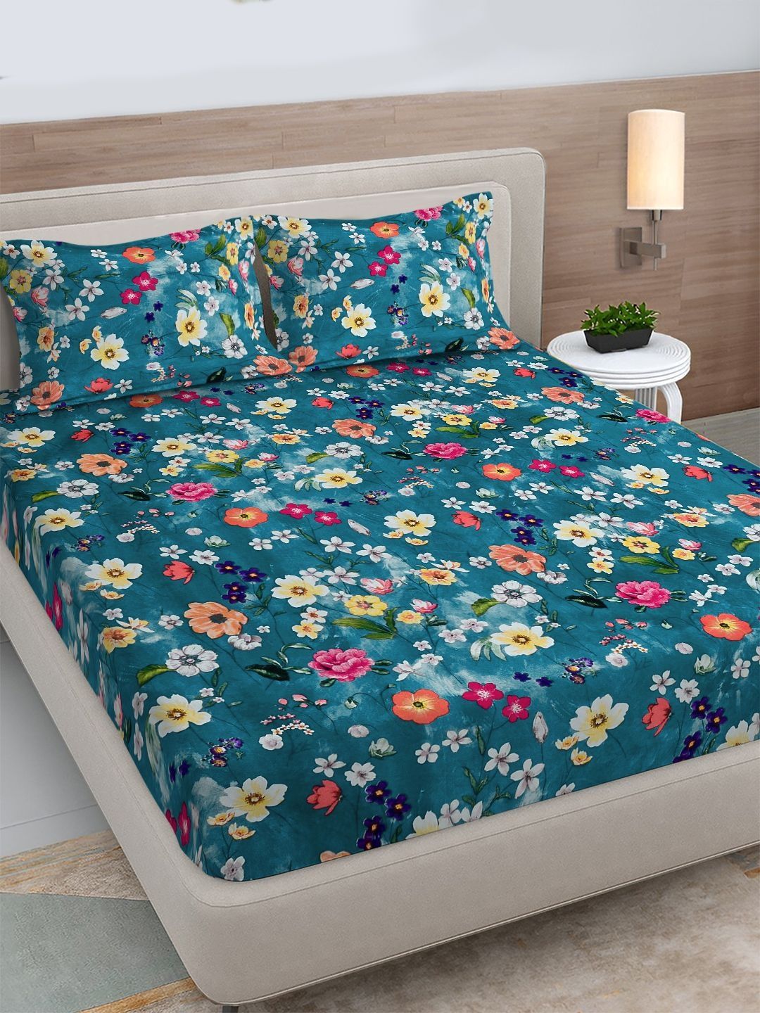 FABINALIV Blue & Pink Floral 300 TC King Bedsheet with 2 Pillow Covers-picture-46