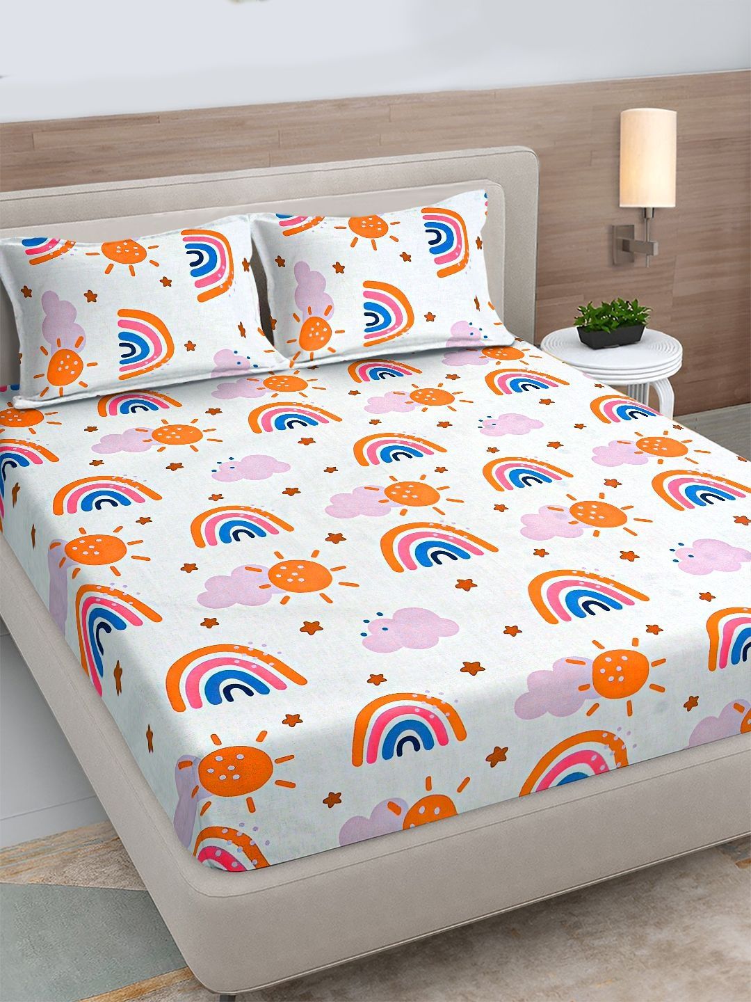 FABINALIV White Conversational 300 TC King Bedsheet with 2 Pillow Covers-image-2
