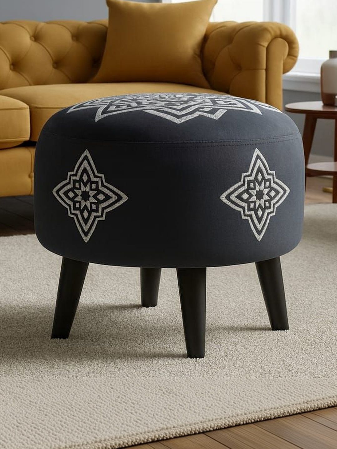 JAICO Grey & White Printed Round Wooden & Velvet Ottoman-picture-15