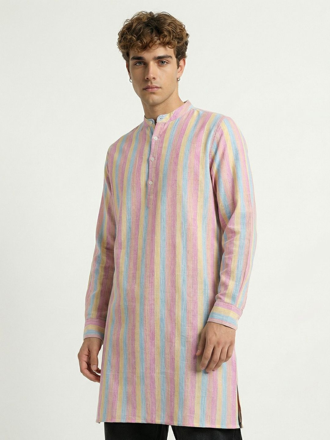 Anouk Rustic Striped Band Collar Cuffed Sleeves Straight Kurta-picture-32