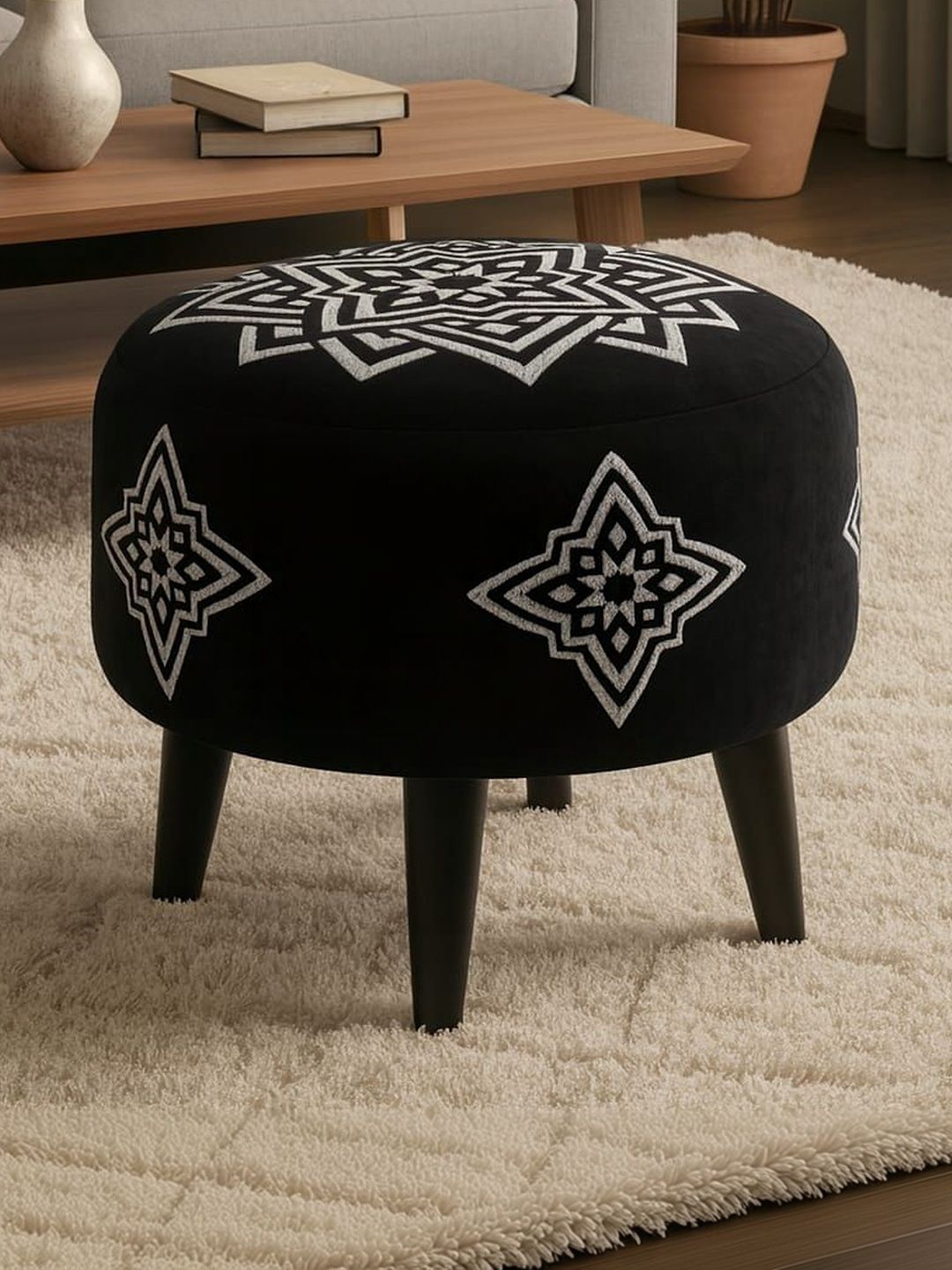 JAICO Black & White Printed Round Wooden & Velvet Ottoman-picture-42