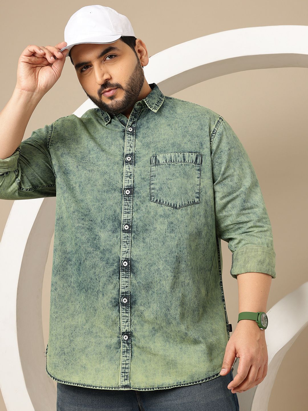 Sztori Plus Size Washed Effect Spread Collar Denim Pure Cotton Shirt-picture-30