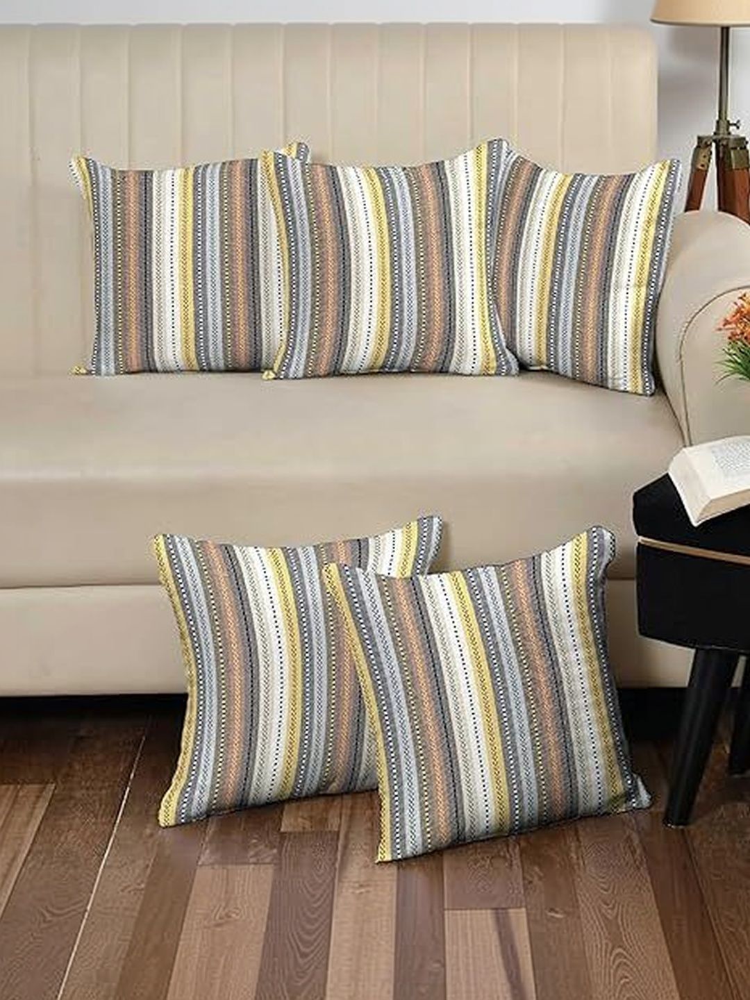 KNOTTING HOME Brown & Yellow Set of 5 Striped Square Cushion Covers-image-18
