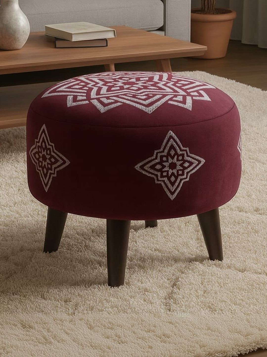JAICO Maroon & White Printed Round Wooden & Velvet Ottoman-picture-38