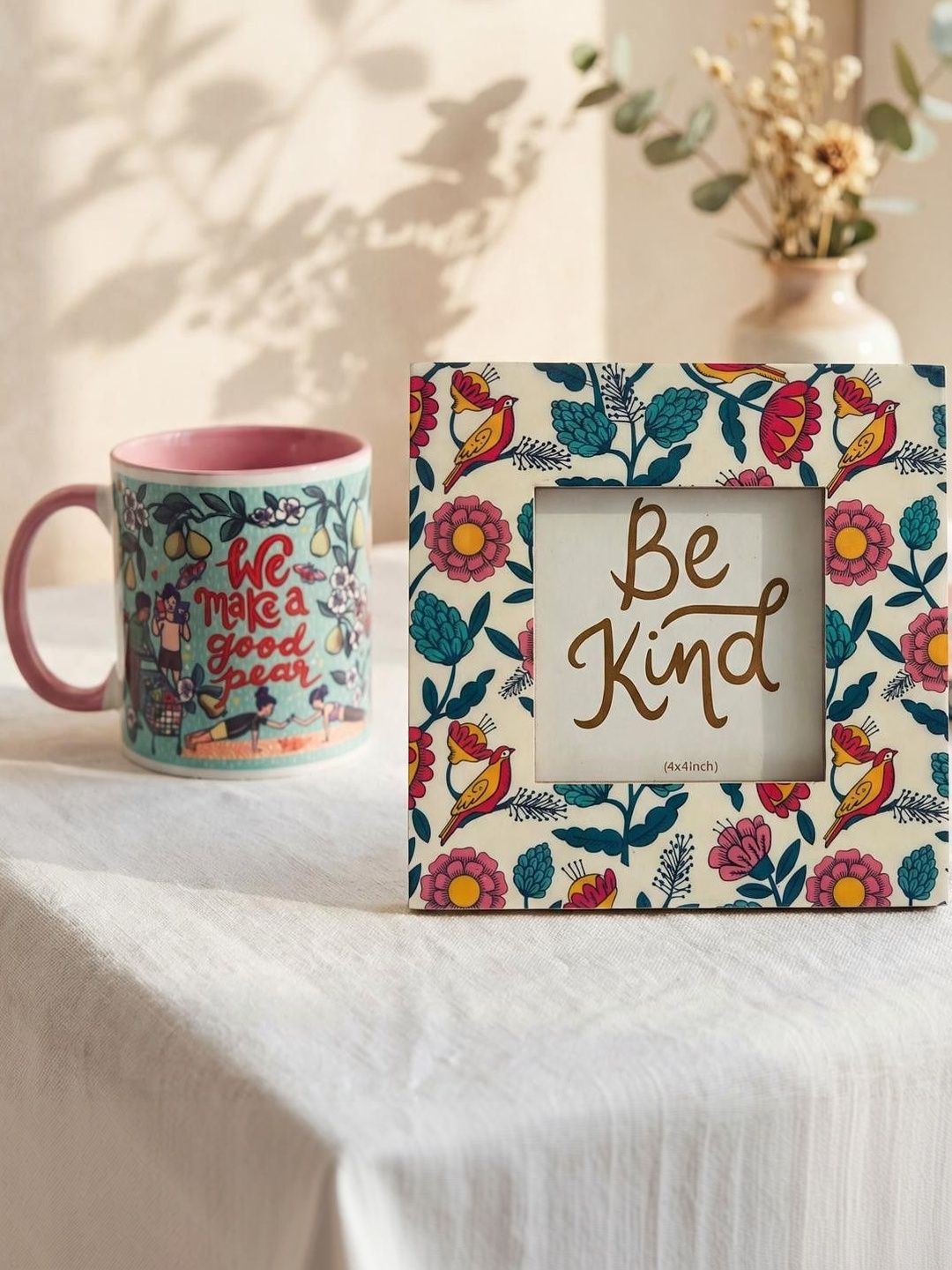 Chumbak 3Pcs Pink & Blue Printed Coffee Mug Photo Frame & Notebook Gift Set For Family