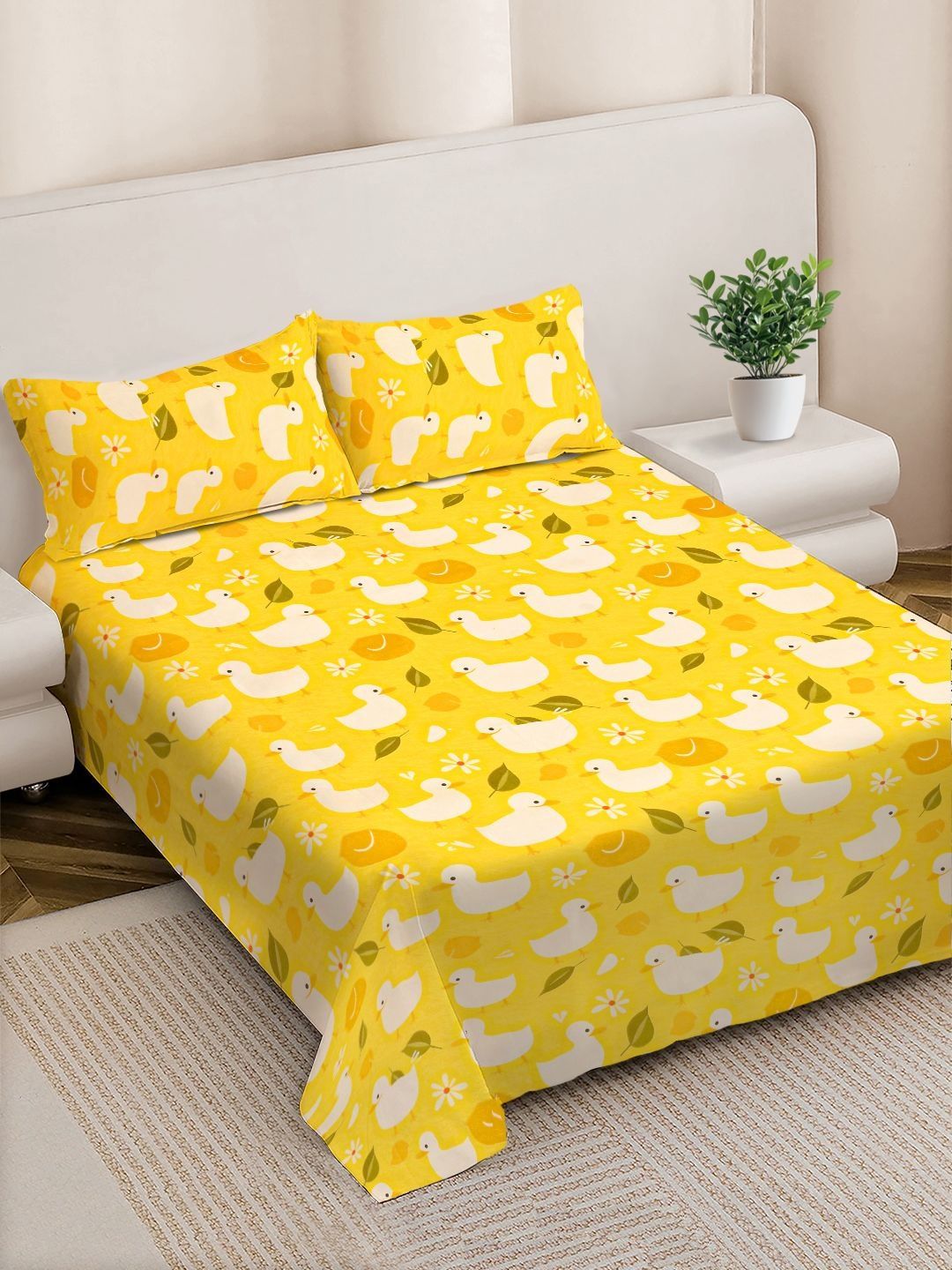 Myntra Elegant Homes Yellow Conversational 300 TC Bedsheet with 2 Pillow Covers-picture-27