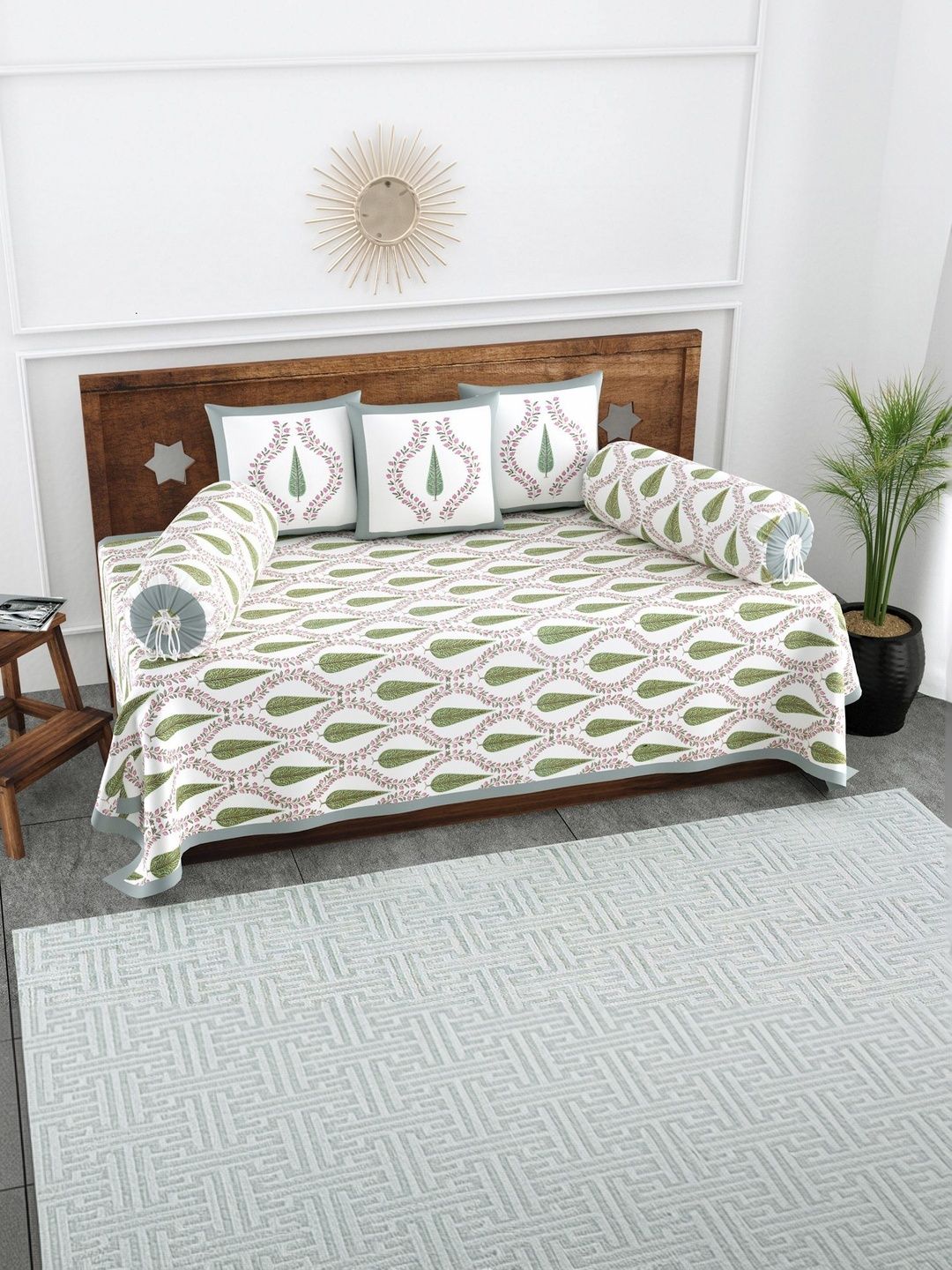 Texstylers Set Of 6 White & Grey Floral Printed Pure Cotton Diwan Set-picture-17