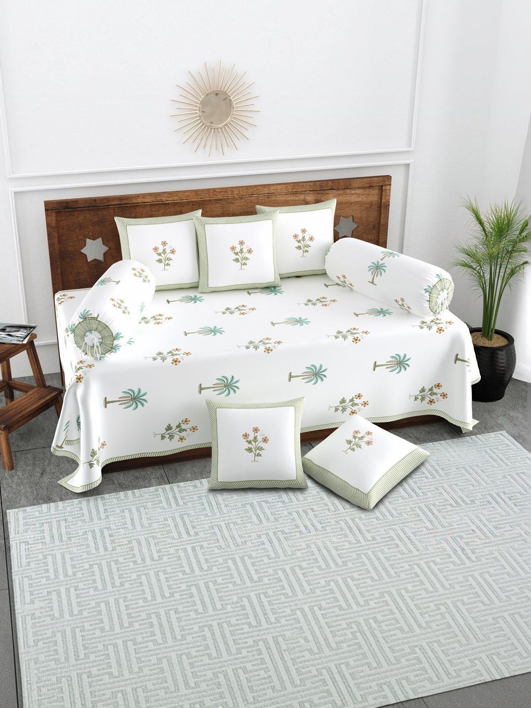 Texstylers Set Of 8 White & Orange-Colored Floral Printed Pure Cotton Diwan Set-picture-25