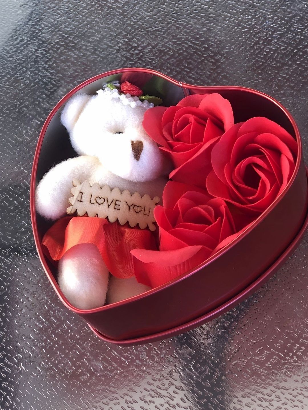 Elecsera Red Metal Heart Shape Valentine Gift Box With Teddy & Rose-picture-14