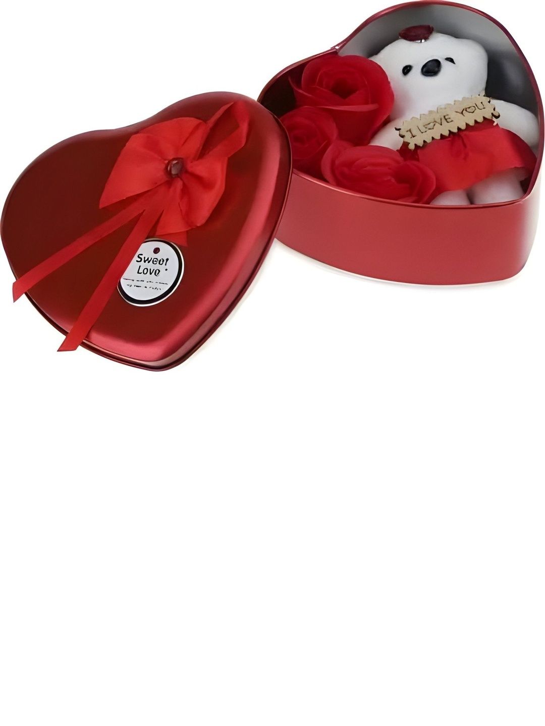 Elecsera Red Metal Heart Shape Valentine Gift Box With Teddy & Rose-picture-6