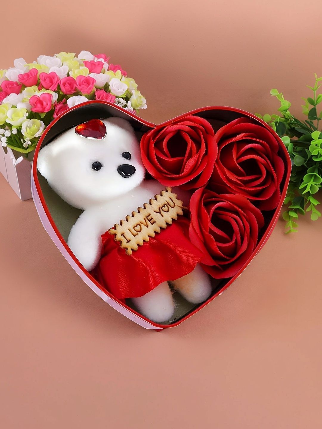 Elecsera Red Metal Heart Shape Valentine Gift Box With Teddy & Rose-picture-15