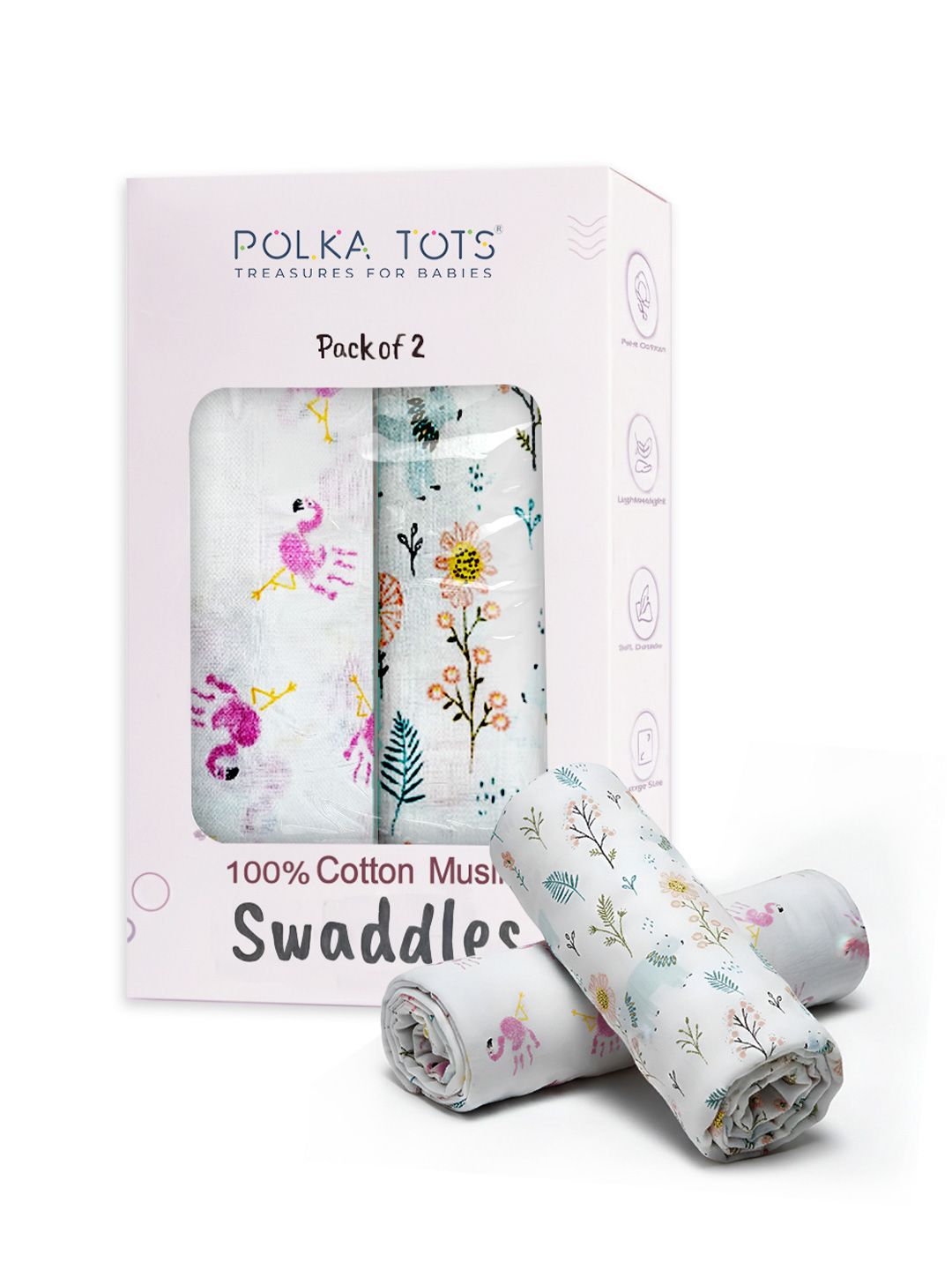 Polka Tots White 2 Pieces Printed Muslin Cotton Swaddles-picture-12