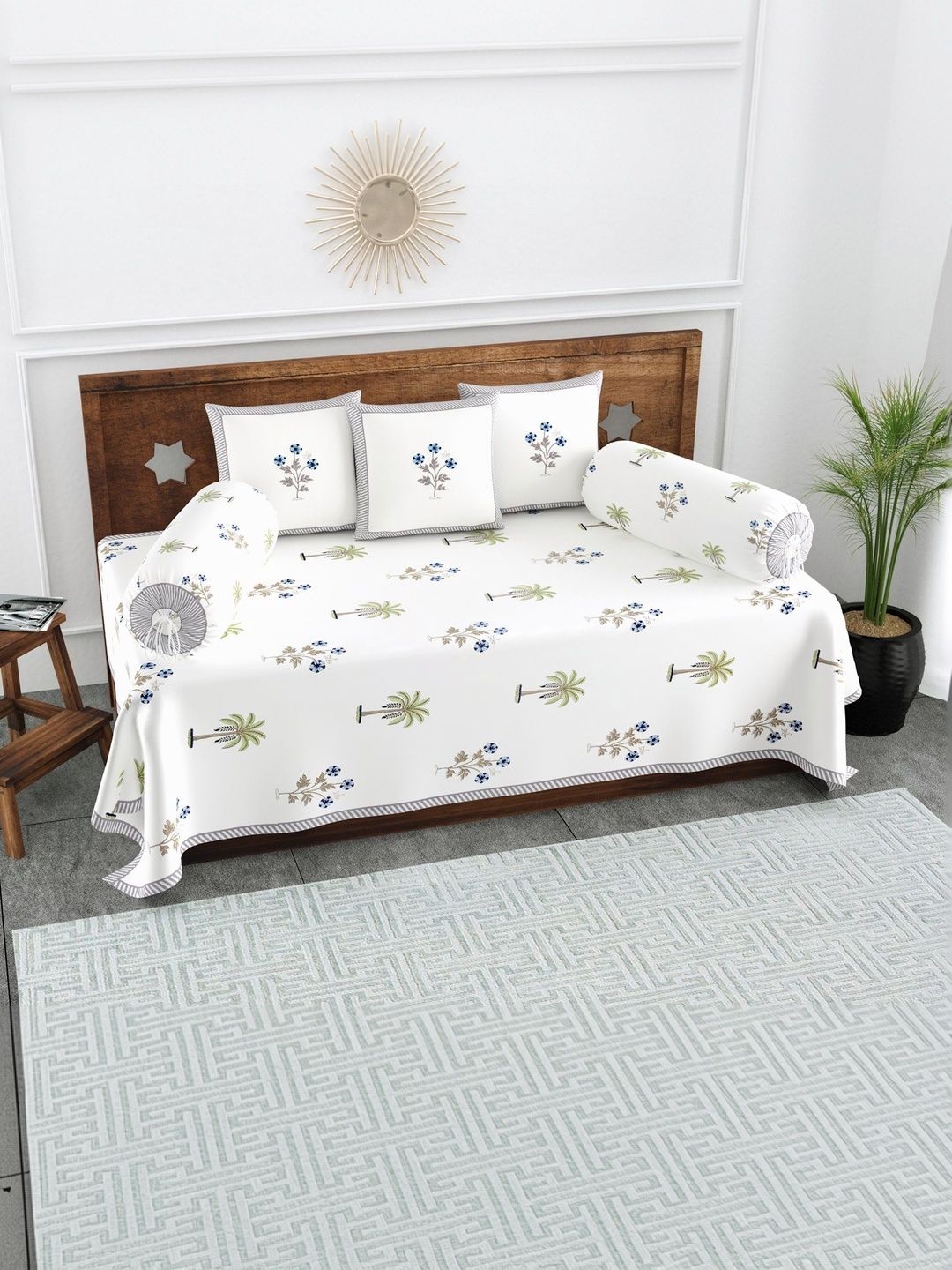 Texstylers Set Of 6 White & Blue Floral Printed Pure Cotton Diwan Set-picture-19