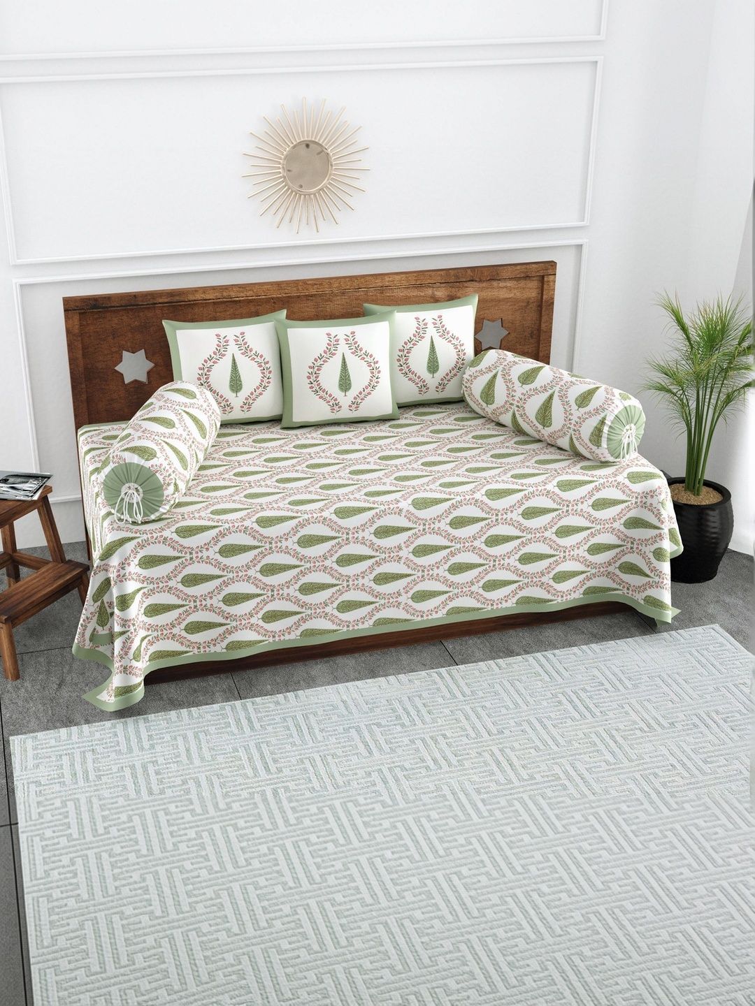Texstylers Set Of 6 White & Peach-Colored Floral Printed Pure Cotton Diwan Set-picture-26