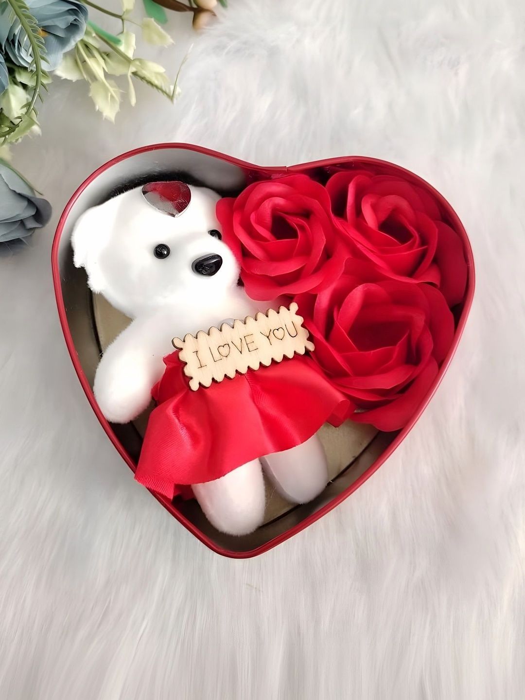 Elecsera Red Metal Heart Shape Valentine Gift Box With Teddy & Rose-picture-7