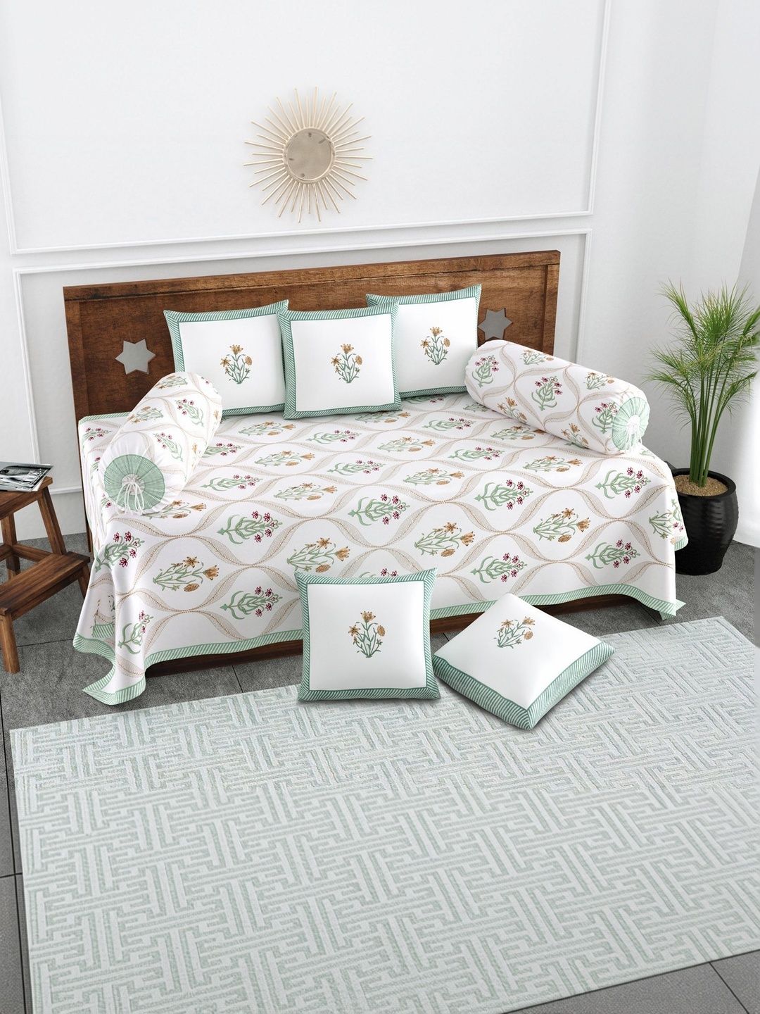 Texstylers Set Of 6 White & Orange-Colored Floral Printed Pure Cotton Diwan Set-picture-37