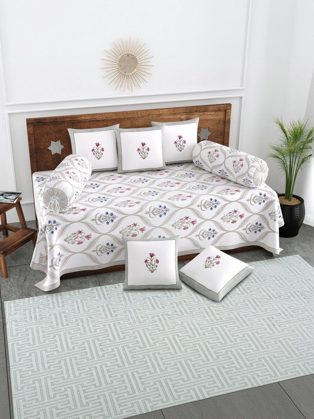 Texstylers Set Of 8 White & Pink Floral Printed Pure Cotton Diwan Set-picture-47