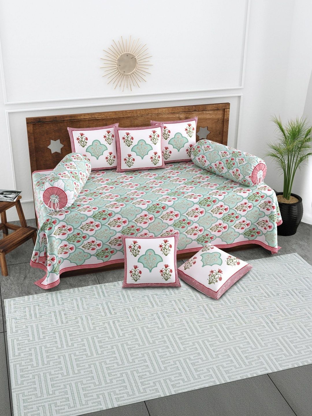 Texstylers Set Of 8 White & Red Floral Printed Pure Cotton Diwan Set-picture-32