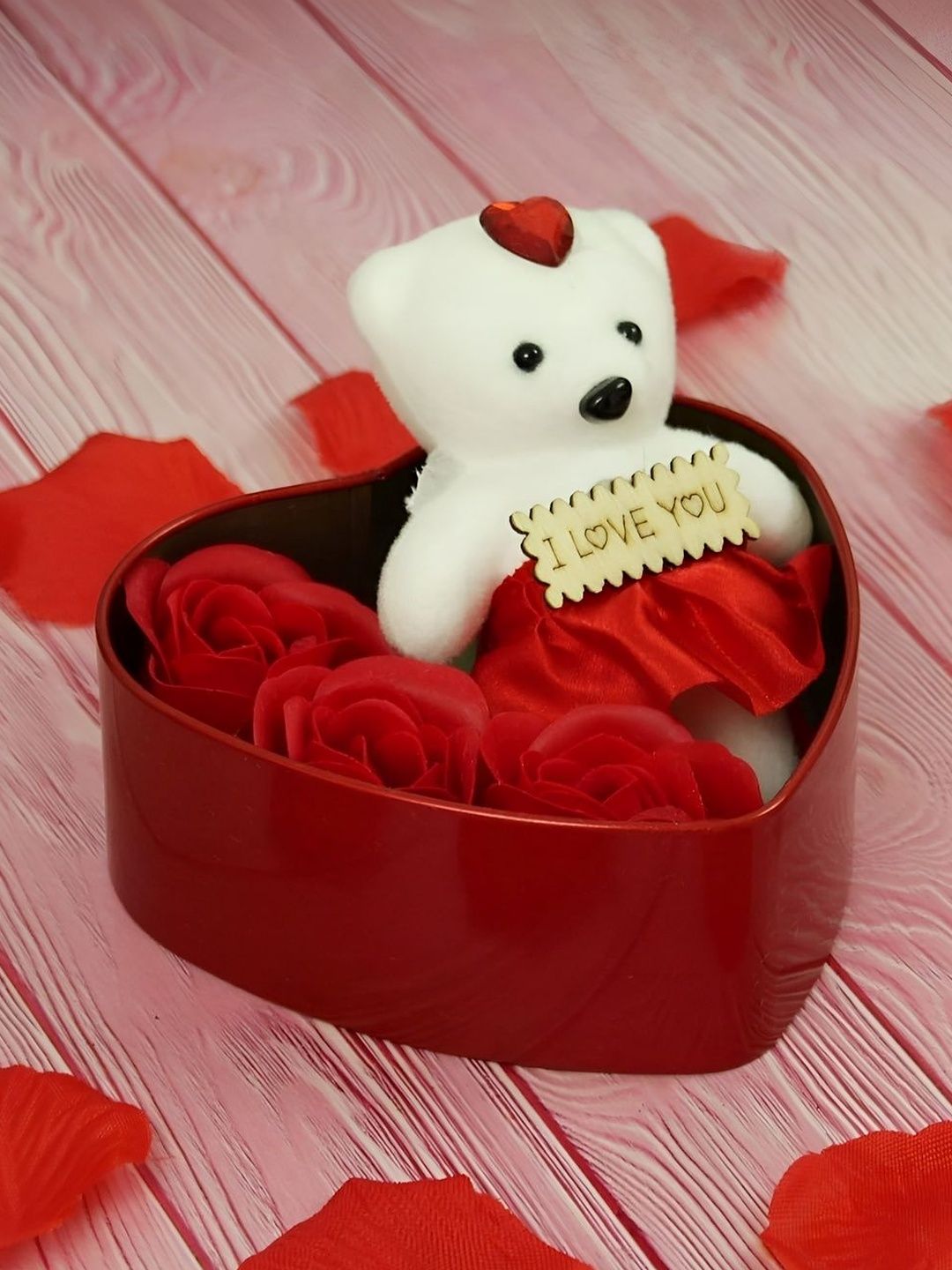Elecsera Red Metal Heart Shape Valentine Gift Box With Teddy & Rose-picture-13