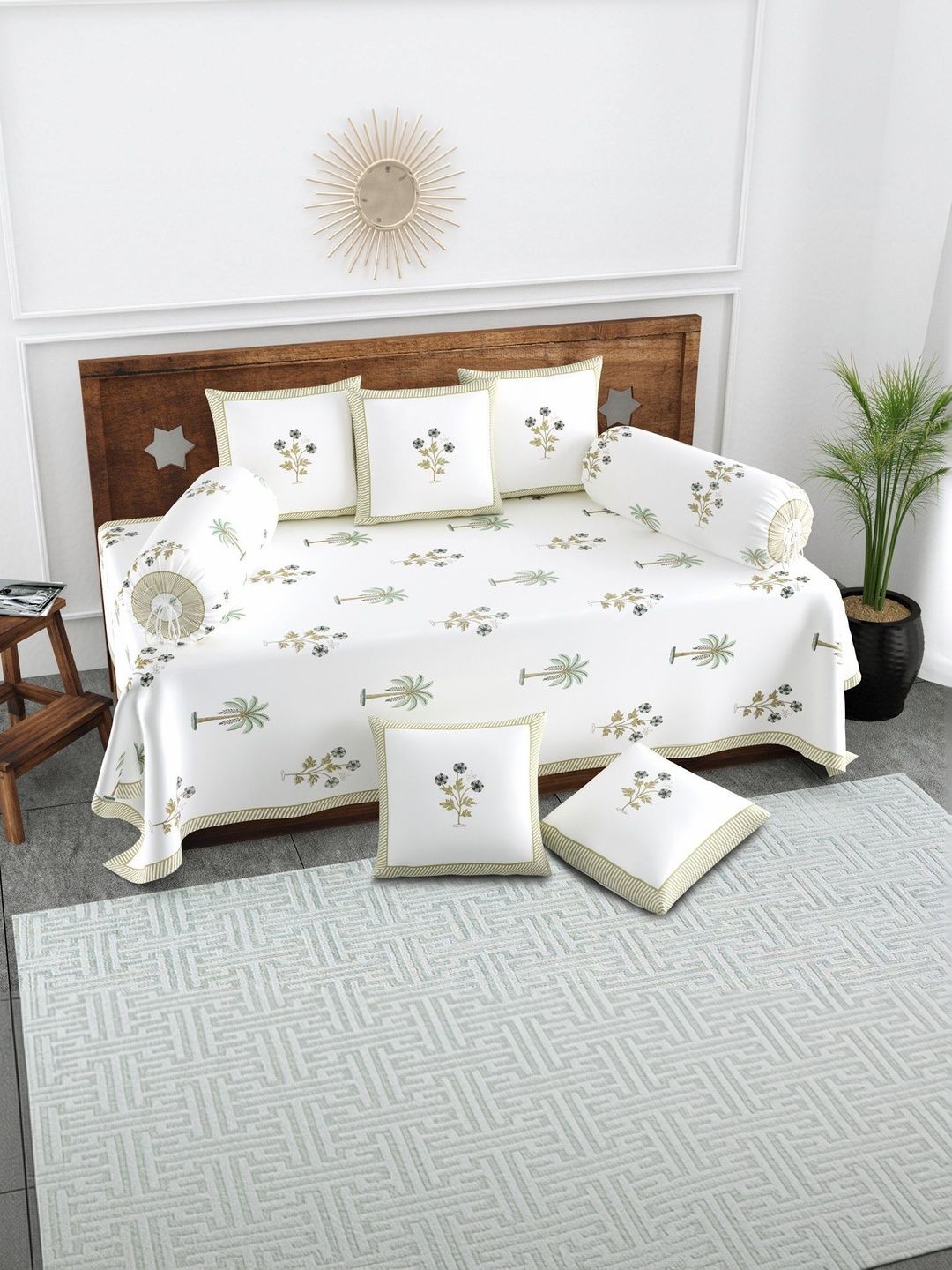Texstylers Set Of 8 White & Grey Floral Printed Pure Cotton Diwan Set-picture-11