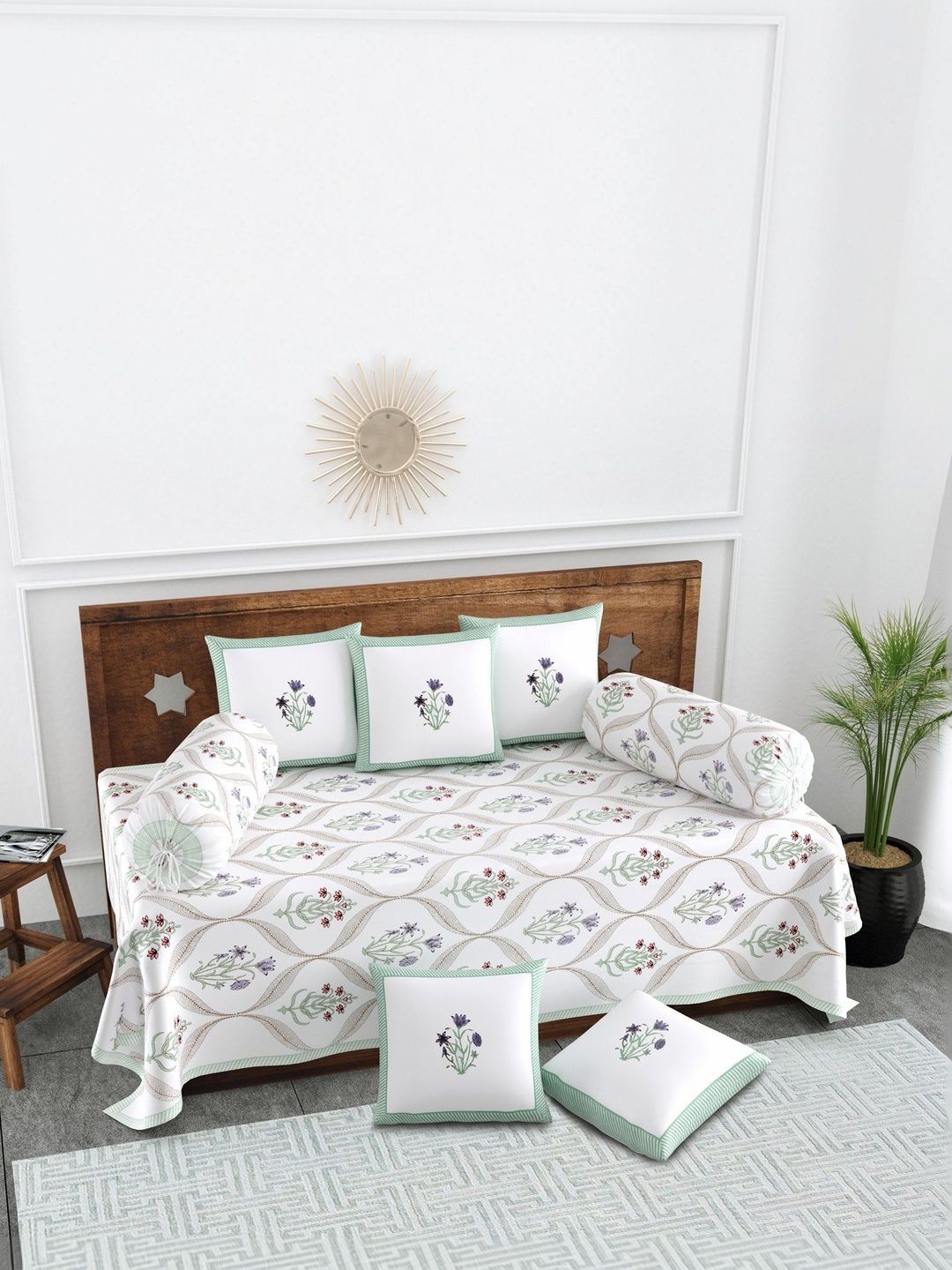 Texstylers Set Of 8 White & Blue Floral Printed Pure Cotton Diwan Set-picture-33