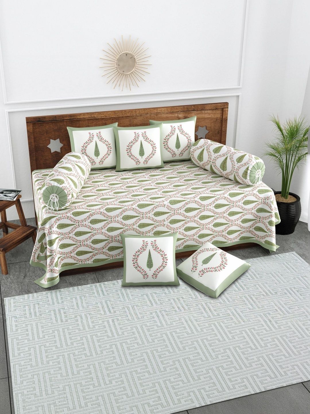 Texstylers Set Of 8 White & Peach-Colored Floral Printed Pure Cotton Diwan Set-picture-51
