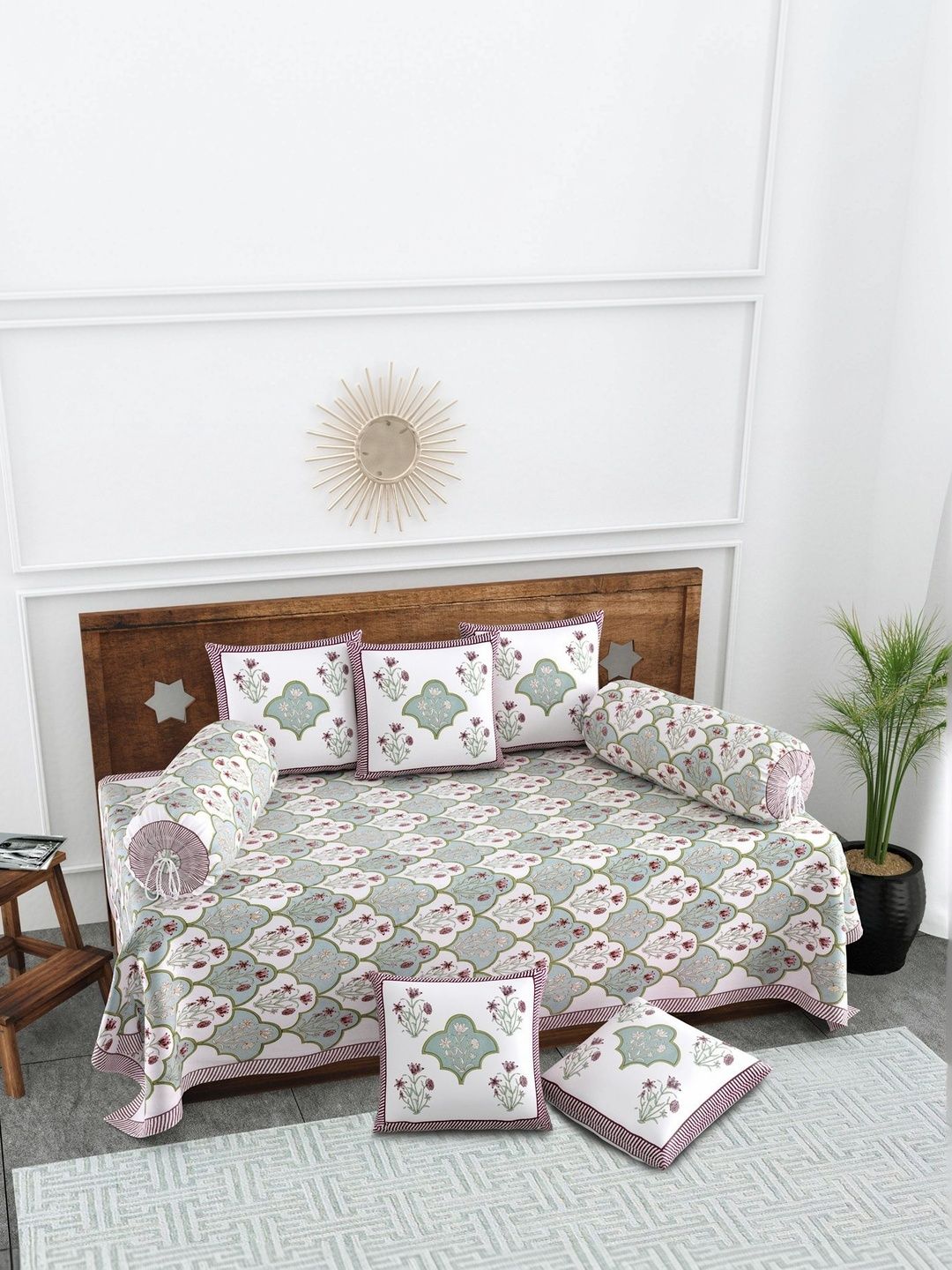 Texstylers Set Of 8 White & Pink Floral Printed Pure Cotton Diwan Set-picture-40