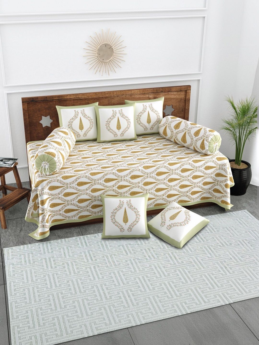 Texstylers Set Of 8 White & Beige Floral Printed Pure Cotton Diwan Set-image-34