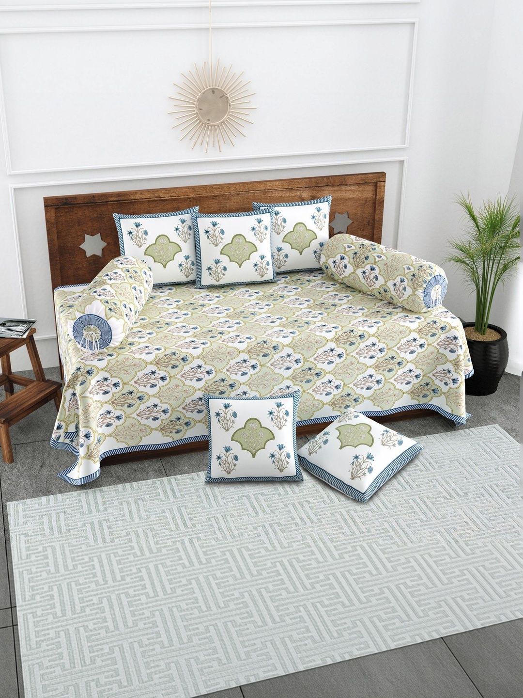 Texstylers Set Of 8 White & Blue Floral Printed Pure Cotton Diwan Set-picture-45