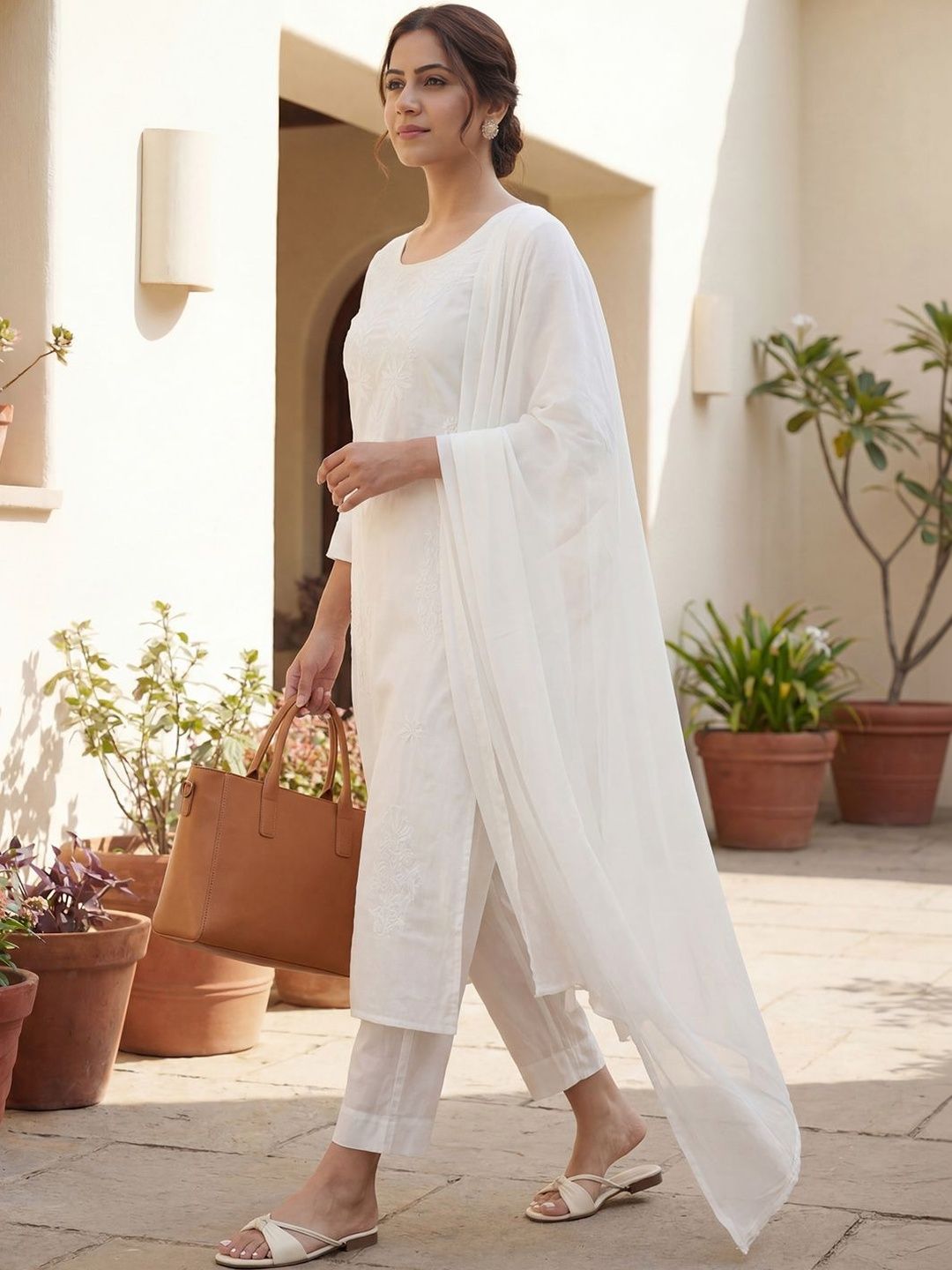 Indo Era Women Ethnic Motifs Embroidered Regular Thread Work Pure Cotton Kurta with Trousers & With Dupatta-picture-30