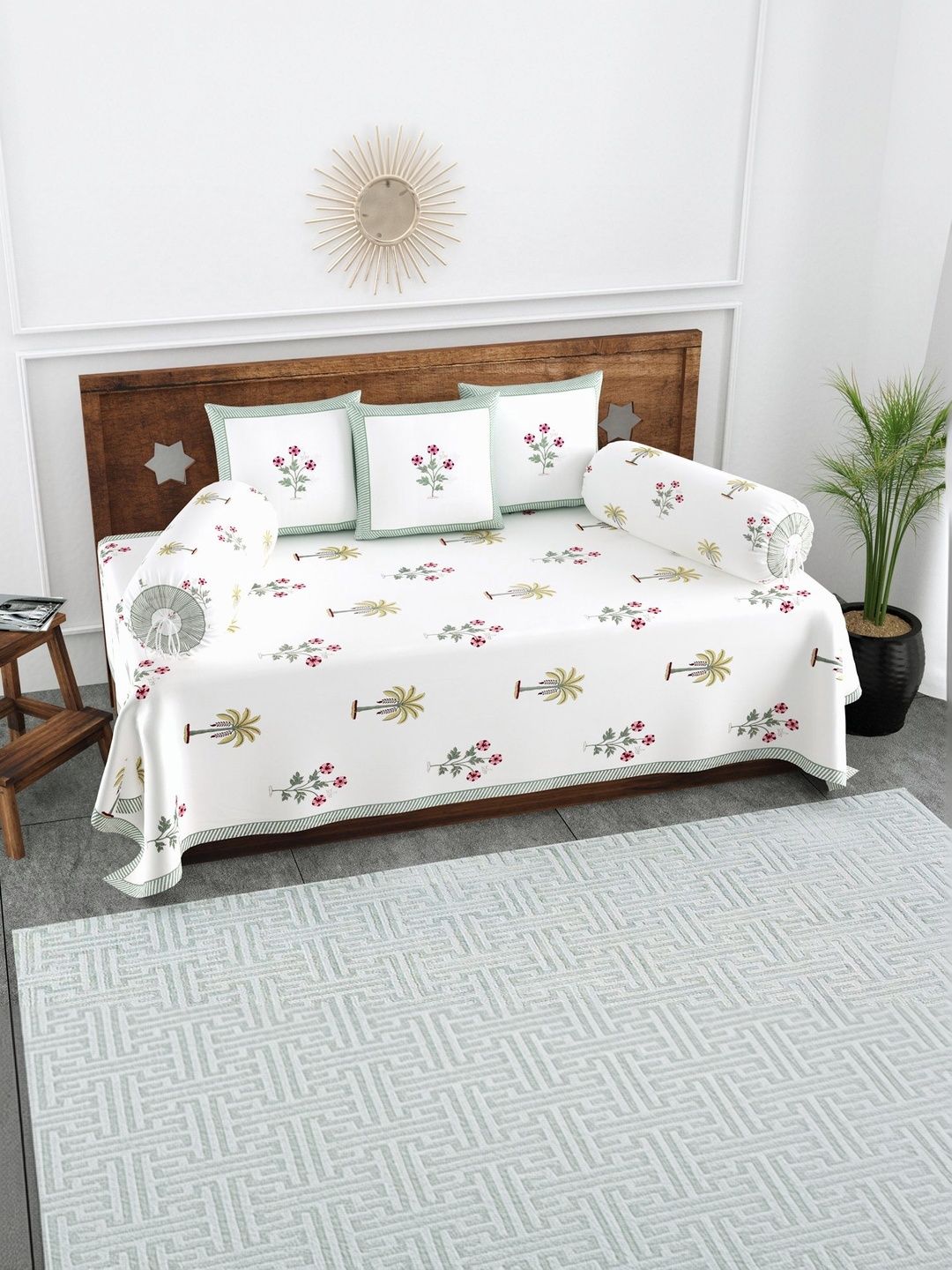 Texstylers Set Of 6 White & Pink Floral Printed Pure Cotton Diwan Set-picture-28