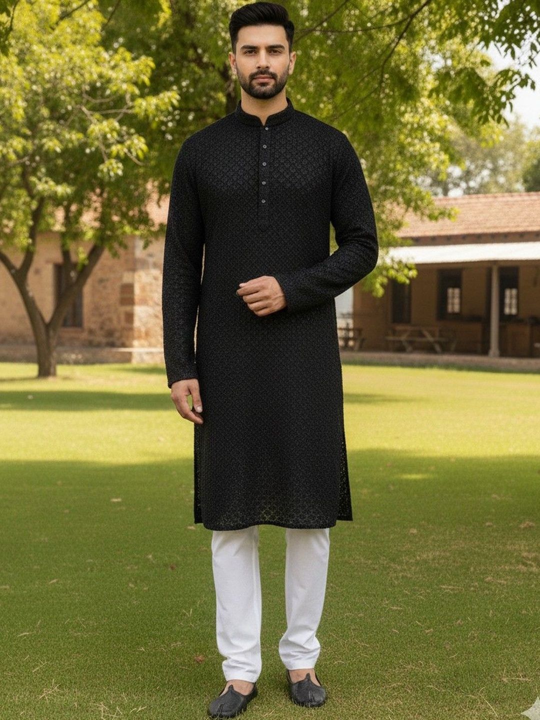 JANOI Men Ethnic Motifs Striped Chikankari Kurta-picture-52