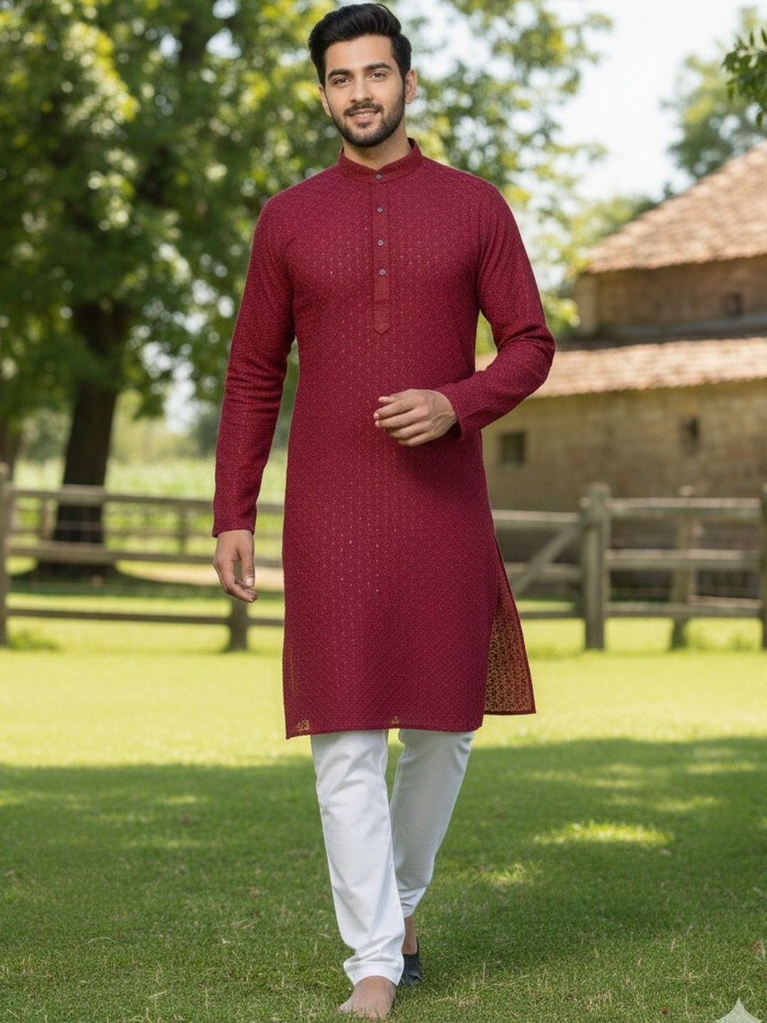 JANOI Men Ethnic Motifs Striped Chikankari Kurta-picture-19