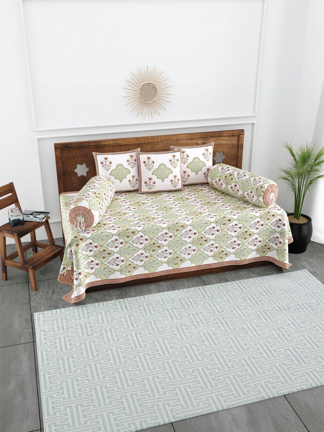 Texstylers Set Of 6 White & Peach-Colored Floral Printed Pure Cotton Diwan Set-picture-22
