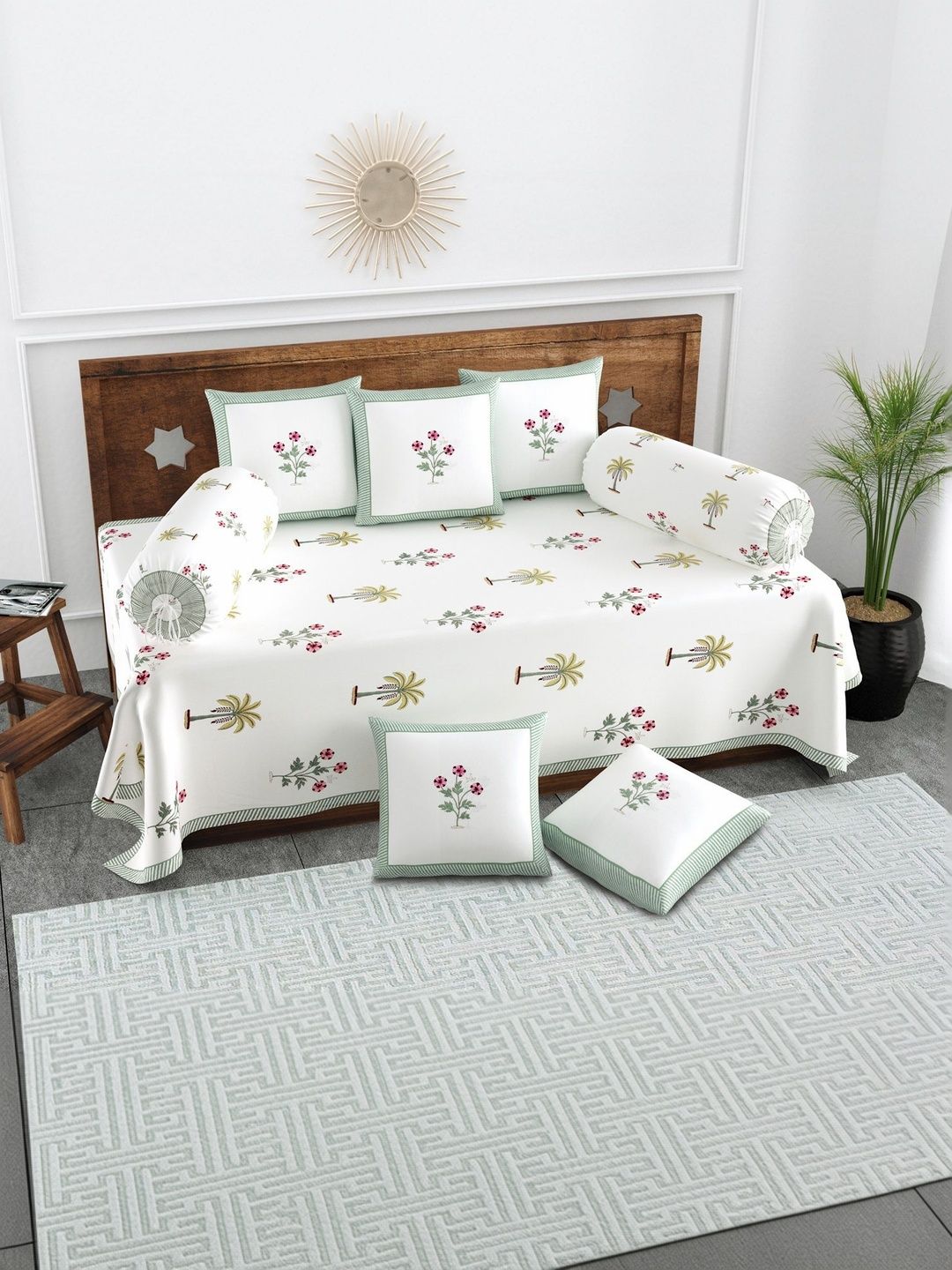 Texstylers Set Of 8 White & Pink Floral Printed Pure Cotton Diwan Set-picture-41