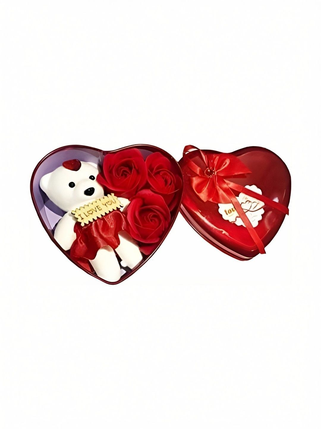 Elecsera Red Metal Heart Shape Valentine Gift Box With Teddy & Rose-picture-9