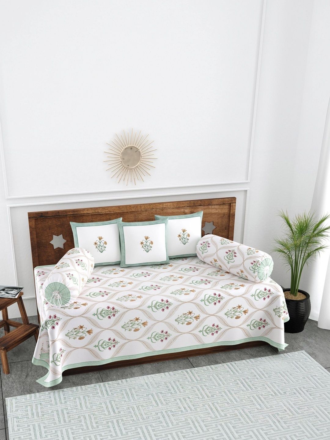 Texstylers Set Of 6 White & Orange-Colored Floral Printed Pure Cotton Diwan Set-picture-34