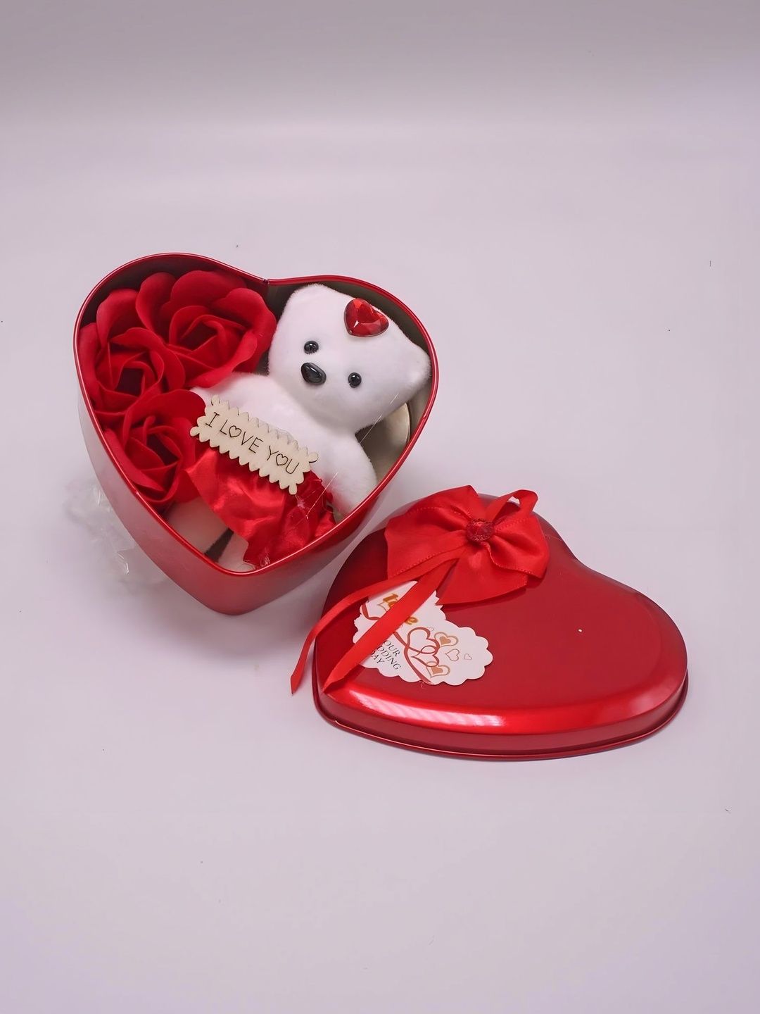 Elecsera Red Metal Heart Shape Valentine Gift Box With Teddy & Rose-picture-11
