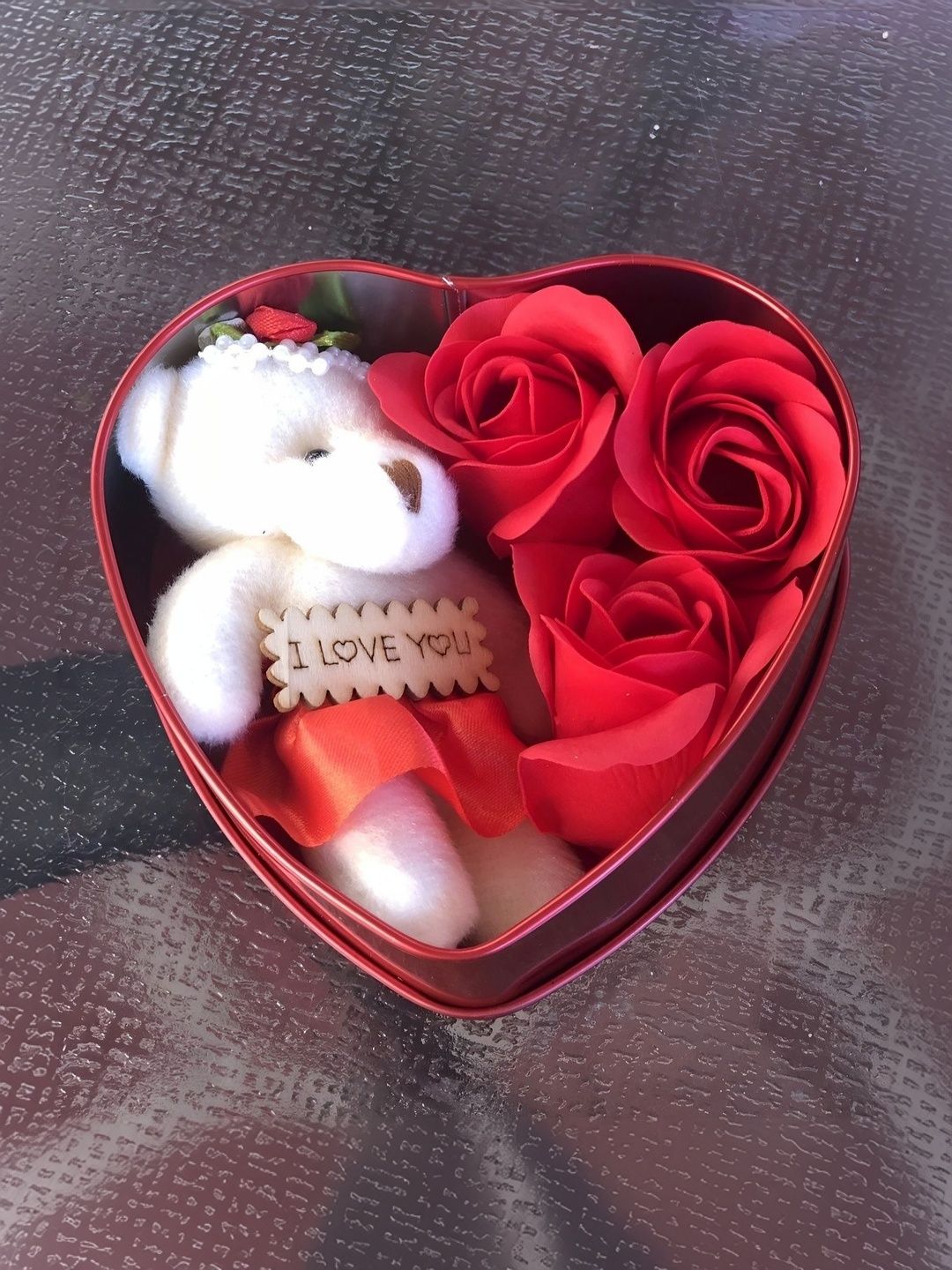 Elecsera Red Metal Heart Shape Valentine Gift Box With Teddy & Rose-picture-12