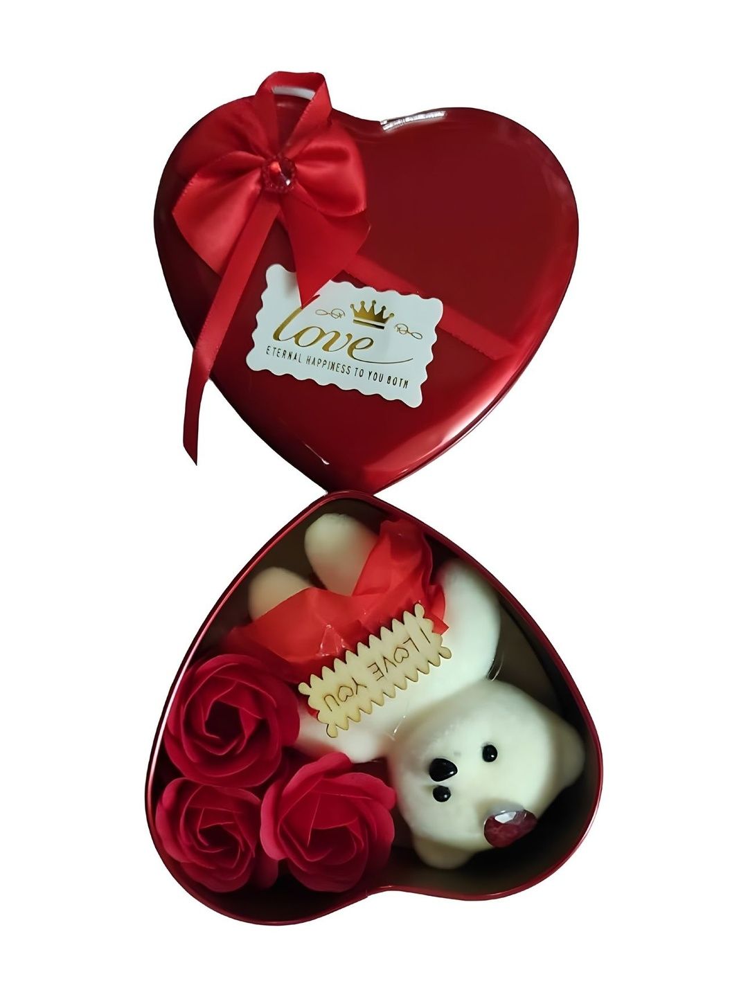 Elecsera Red Metal Heart Shape Valentine Gift Box With Teddy & Rose-picture-10