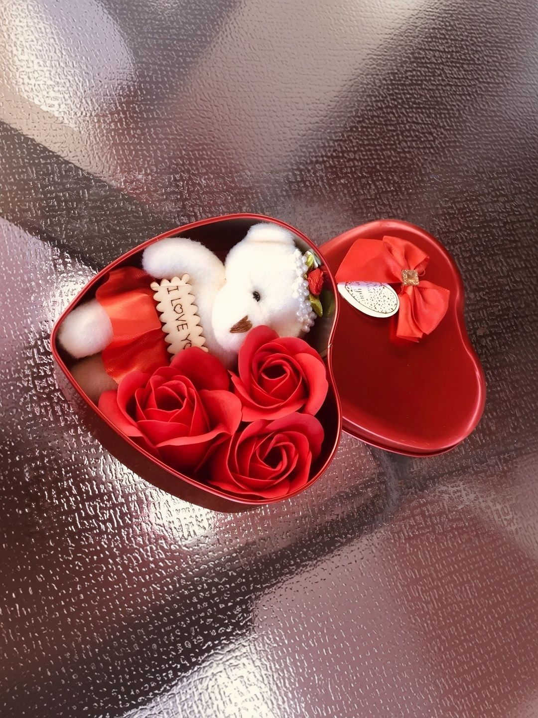 Elecsera Red Metal Heart Shape Valentine Gift Box With Teddy & Rose-picture-17