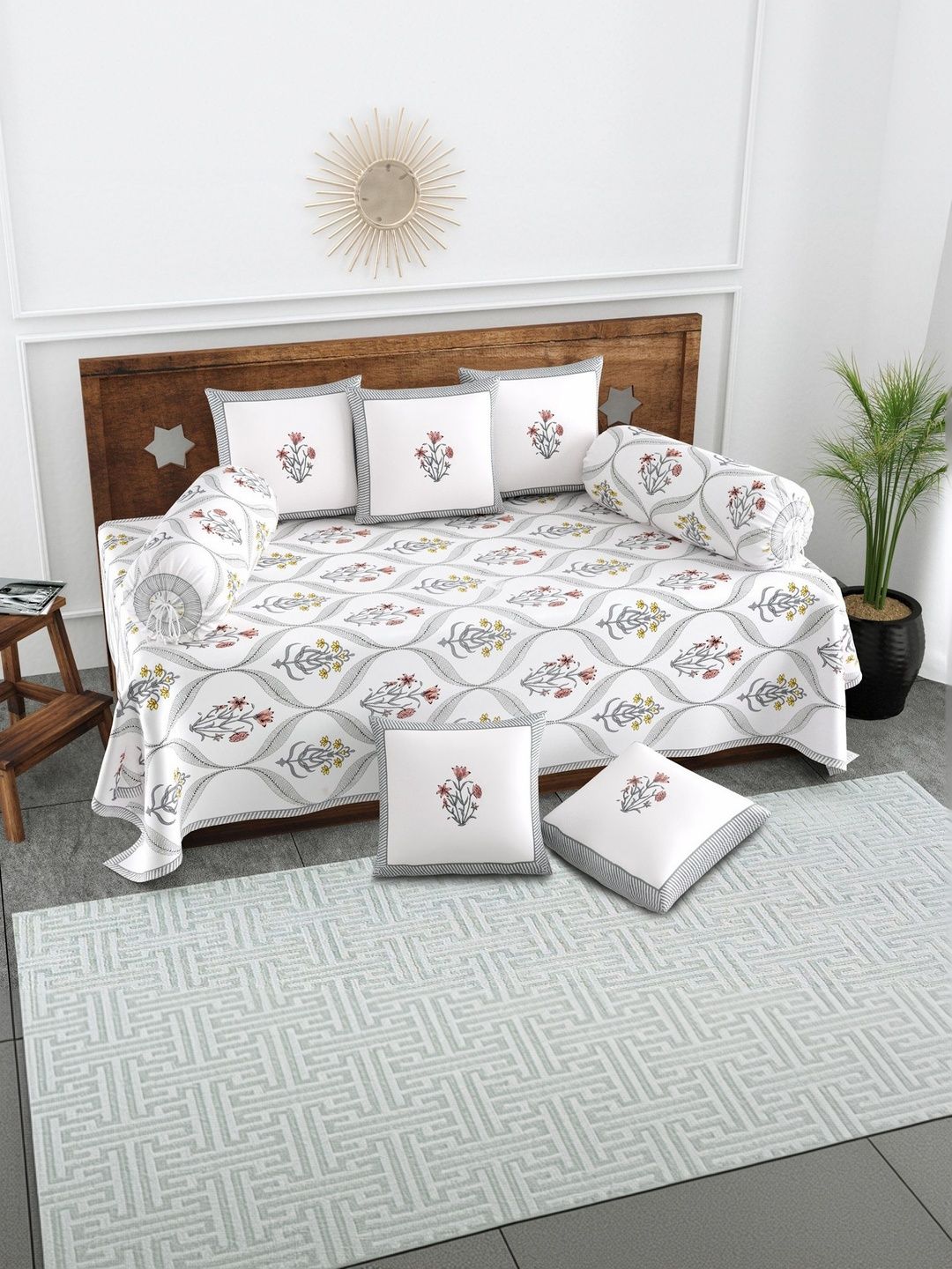Texstylers Set Of 8 White & Orange-Colored Floral Printed Pure Cotton Diwan Set-picture-36