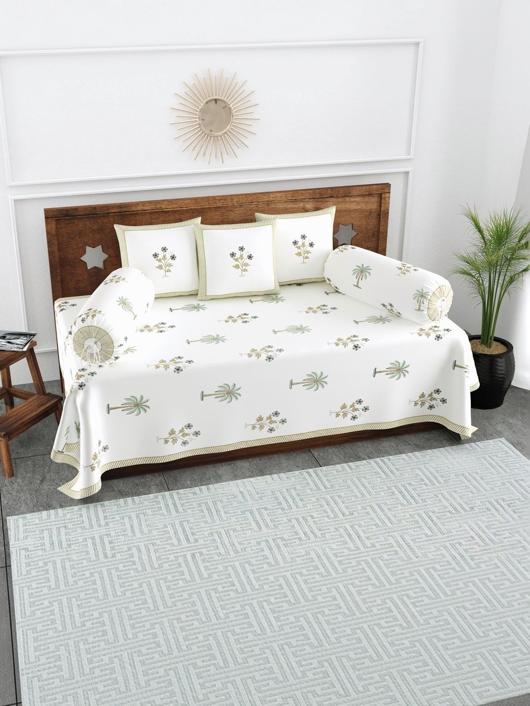 Texstylers Set Of 6 White & Grey Floral Printed Pure Cotton Diwan Set-picture-35
