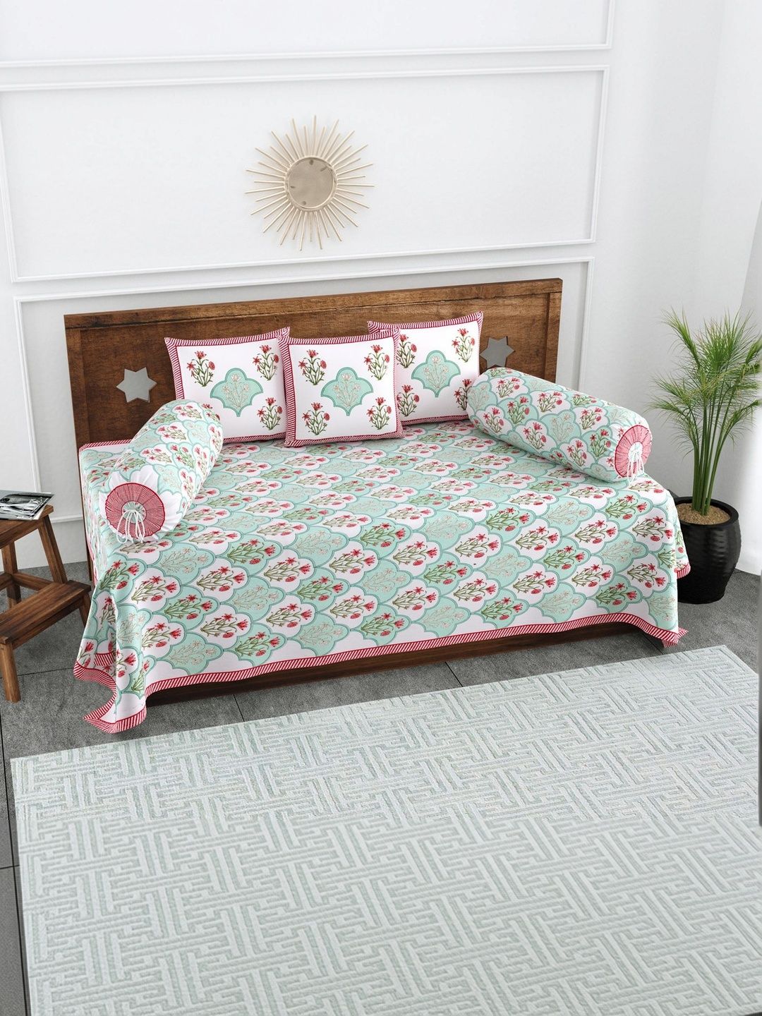 Texstylers Set Of 6 White & Red Floral Printed Pure Cotton Diwan Set-picture-12