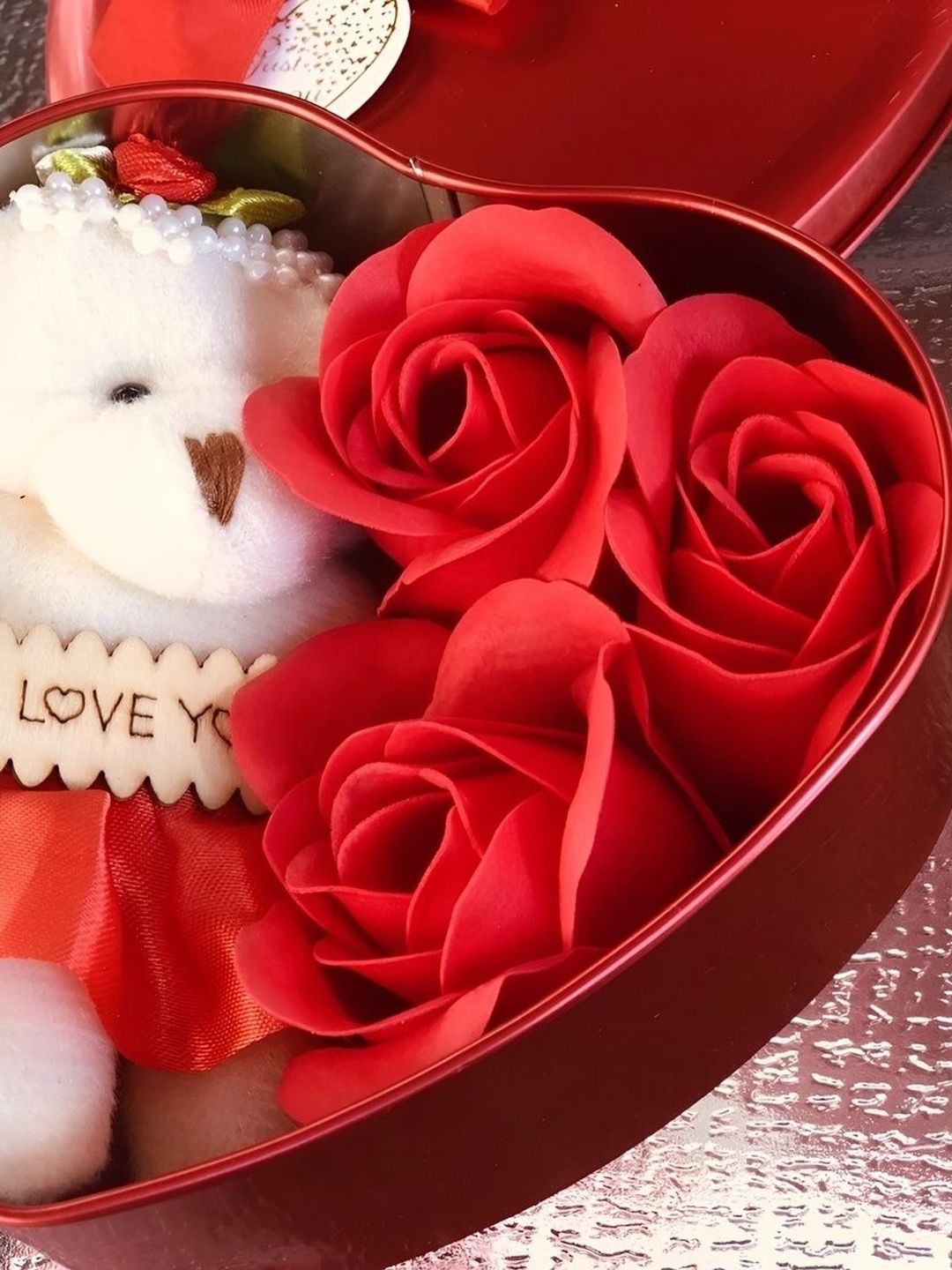 Elecsera Red Metal Heart Shape Valentine Gift Box With Teddy & Rose-picture-5