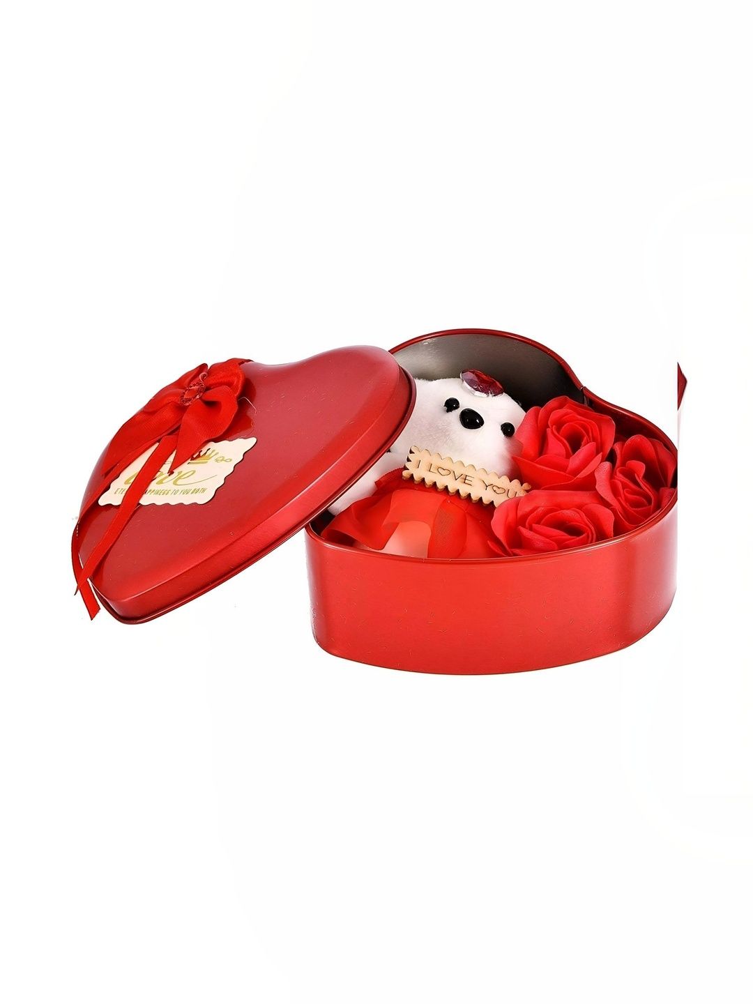 Elecsera Red Metal Heart Shape Valentine Gift Box With Teddy & Rose-picture-4